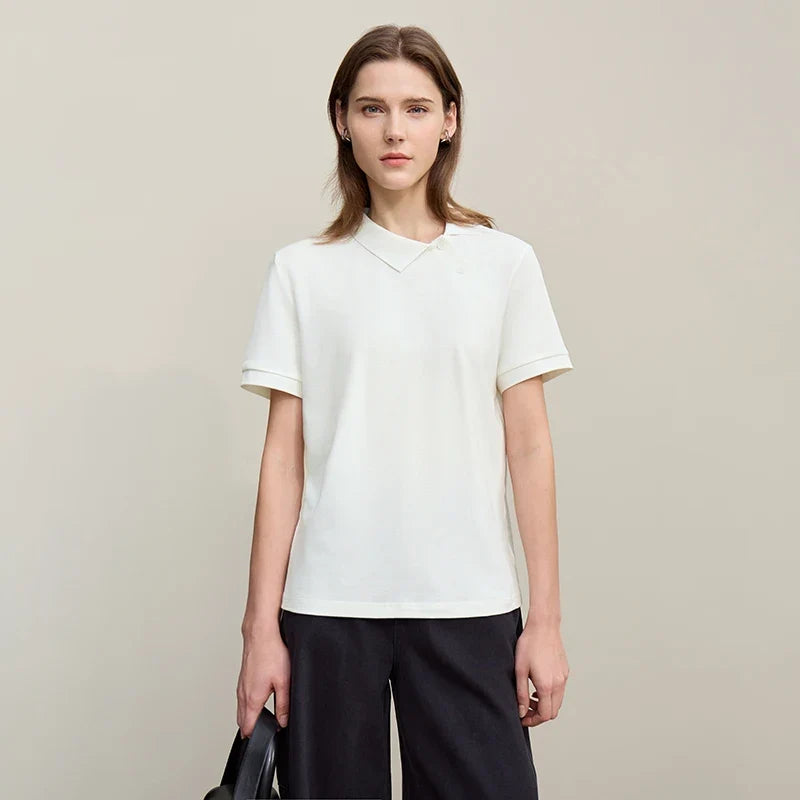 Women's Polo Shirt 2026 Summer Asymmetric Placket Short Sleeve Tee Lapel Collar Casual Layering T-Shirt For Women 12622015