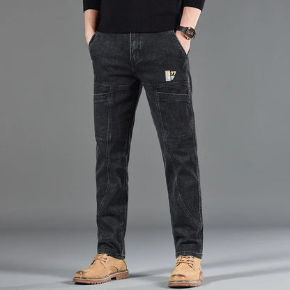 2026 New Style Jeans Men's Slim Fit Korean Style Comfortable Straight Leg Elastic Gray Mid Waist Pants Men's Casual Denim Pants