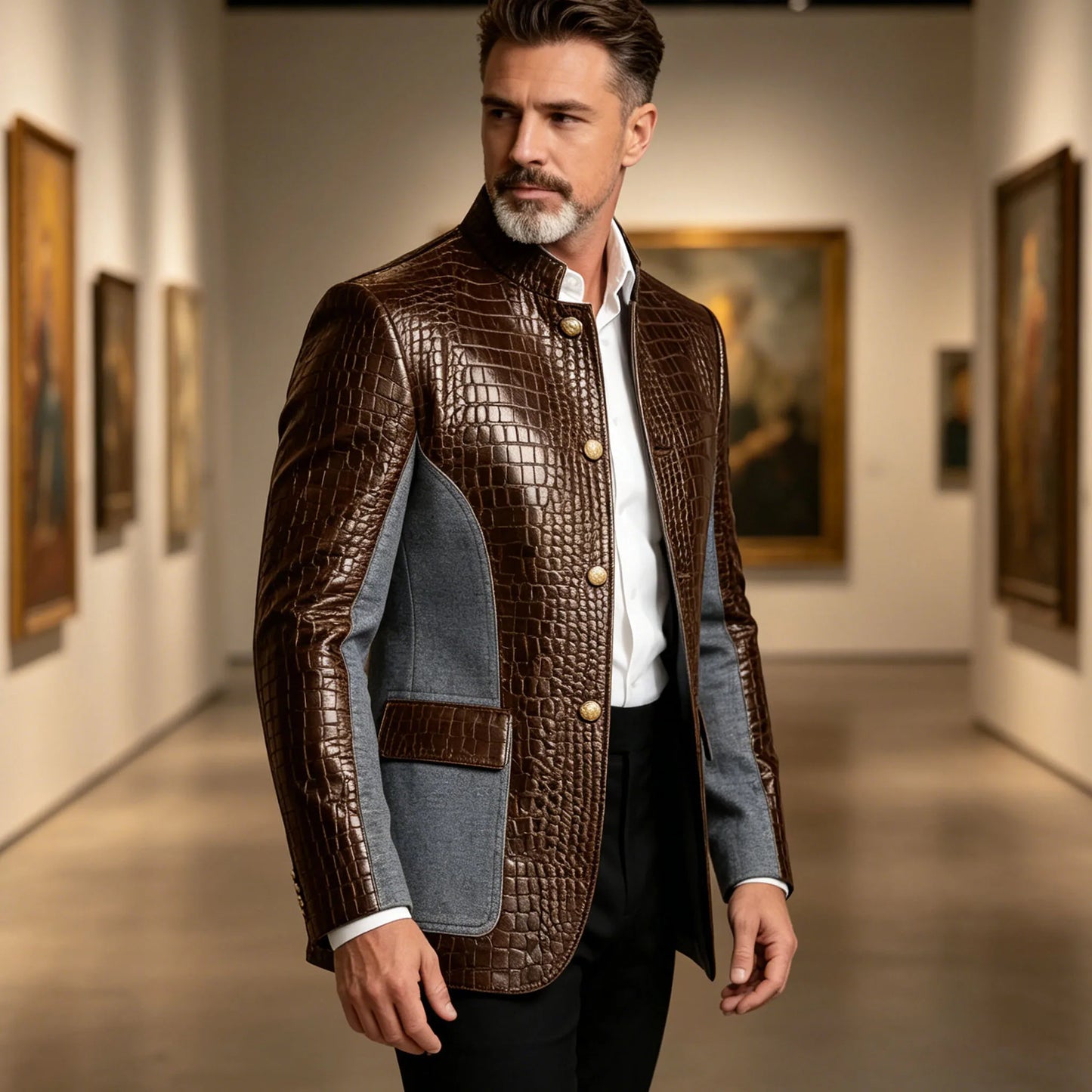 Men's Crocodile Embossed Leather Brown Jacket Patchwork Denim Stand Collar Slim Fit Luxury PU Blazer For Business Casual Party