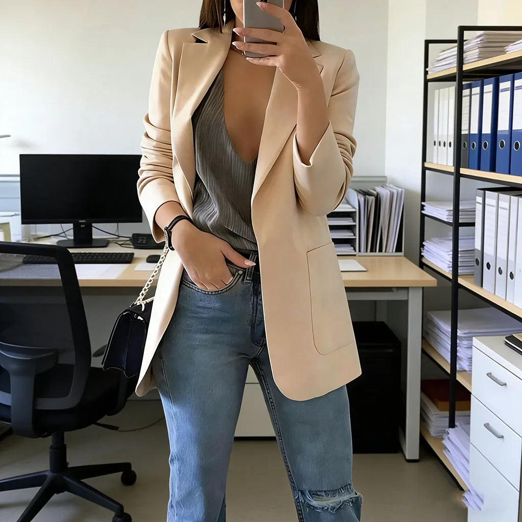 2026 Elegant jacket Women's Suit Single office Casual British Professional Women's Buttonless suit collar pocket simple coat top