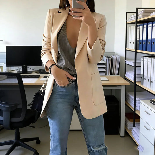 2026 Elegant jacket Women's Suit Single office Casual British Professional Women's Buttonless suit collar pocket simple coat top