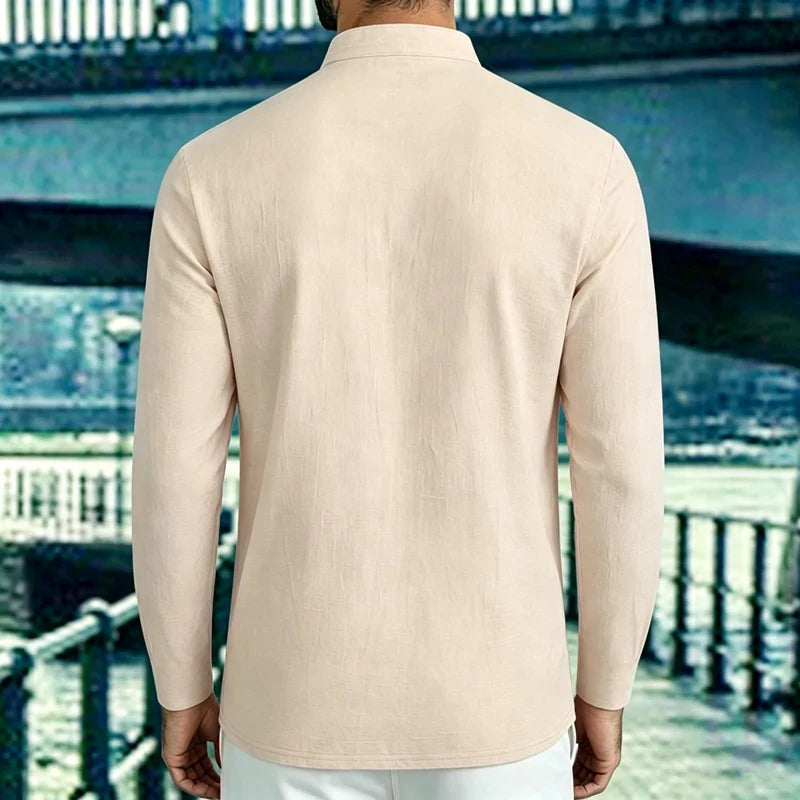 Men Mandarin Collar Long Sleeve Henley Cotton Linen Shirt Chest Pocket Breathable Beach Travel Daily Casual V Neck Top
