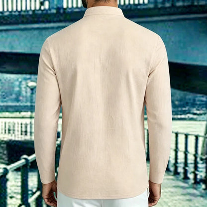 Men Mandarin Collar Long Sleeve Henley Cotton Linen Shirt Chest Pocket Breathable Beach Travel Daily Casual V Neck Top