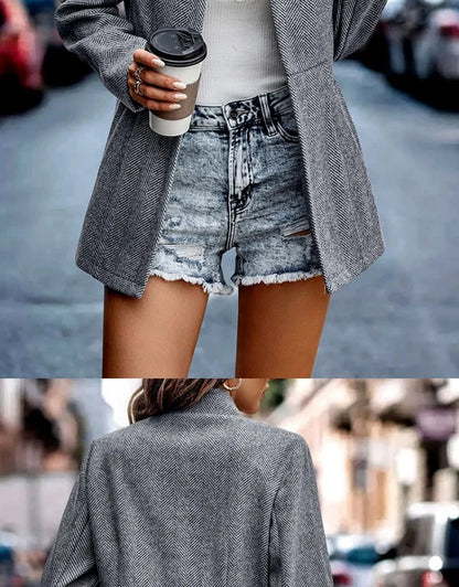Commute Style Simple Design Woolen Suit Coat Pink Lapel Open Cardigan Short Length Polyester Fiber Women's Fashion Outerwear
