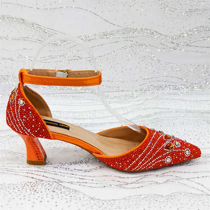 Elegant Italian Rhinestone Pointed-Toe High Heel Shoes with Matching Handbag Set - Stylish & Comfortable Women's Footwear