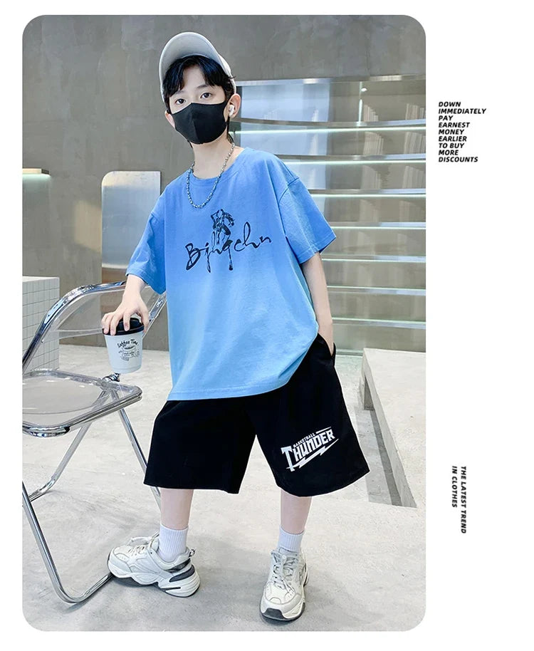 Kids Boy New Summer Suit Tie Dye T-shirt + Cargo Shorts 2 Pieces Tracksuit for Teens Child Shorts Sleeve Clothing Set Age 4 - 14
