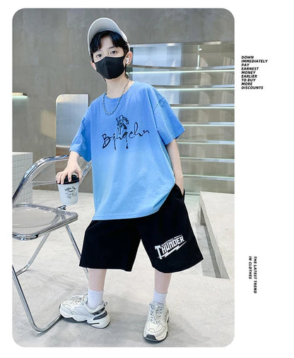 Kids Boy New Summer Suit Tie Dye T-shirt + Cargo Shorts 2 Pieces Tracksuit for Teens Child Shorts Sleeve Clothing Set Age 4 - 14