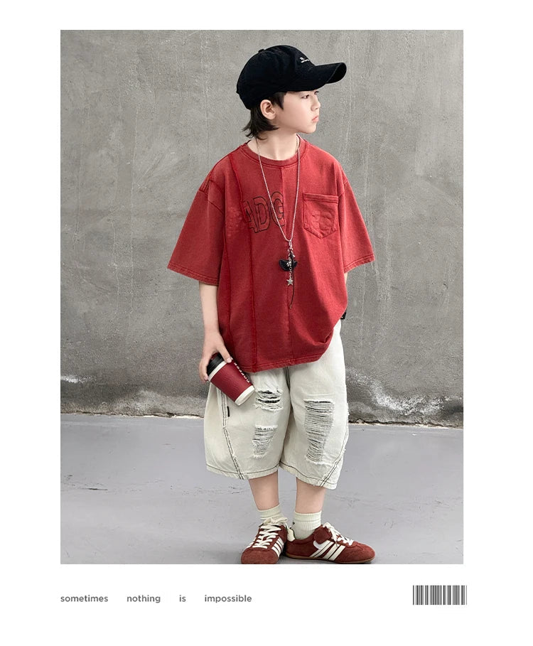 Cool Style Teenager Summer Set T-shirt And Ripped Denim Shorts Clothing Set for Kids Boy Age 7 To 14 Years Children Clothes Suit