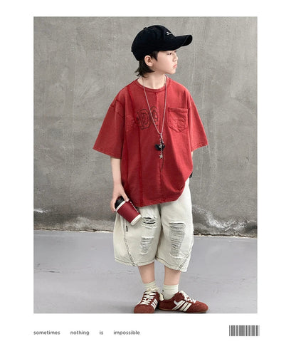 Cool Style Teenager Summer Set T-shirt And Ripped Denim Shorts Clothing Set for Kids Boy Age 7 To 14 Years Children Clothes Suit