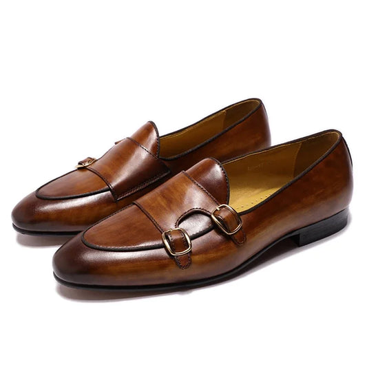 Men's Genuine Leather Loafers Handmade Monk Strap Casual Dress Shoes for Wedding Party Summer Autumn Footwear