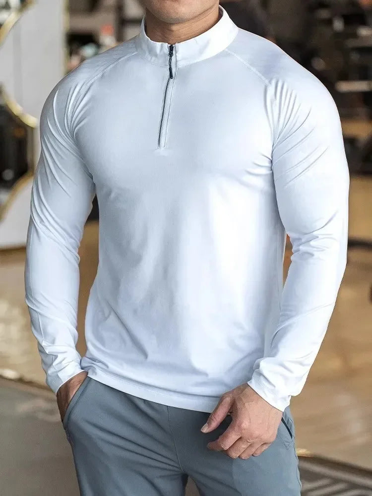 New Autumn Winter Running Gym Men Shirt Long Sleeve Tees Elastic Fit Sports Training Fitness Quick Dry Zip Collar Polo T Shirt