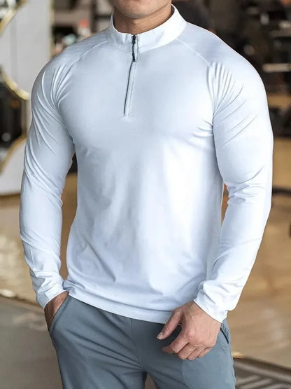 New Autumn Winter Running Gym Men Shirt Long Sleeve Tees Elastic Fit Sports Training Fitness Quick Dry Zip Collar Polo T Shirt