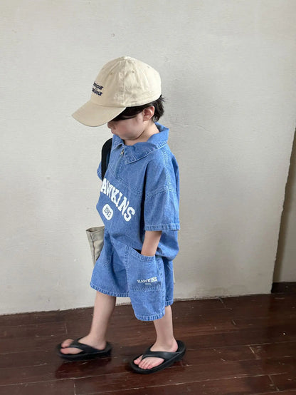 Summer Baby Girls Boys Cotton Alphabet Half Zip Denim T-Shirt Tops+Shorts Pant School Kids Tracksuit Child 2PCS Outfit 1-12Years