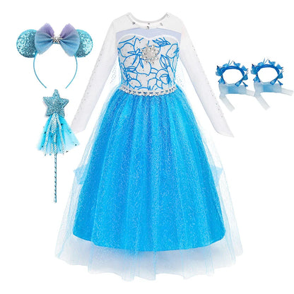 Children Carnival Blue Sequins Elsa Cosplay Dress Girls Elegant Blue Princess Costume Kids Halloween Birthday Party Clothes
