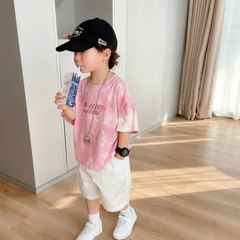 2025 New 100% Cotton Kids Tie Dye Short Sleeve T-Shirt Summer Boys Girls Clothing