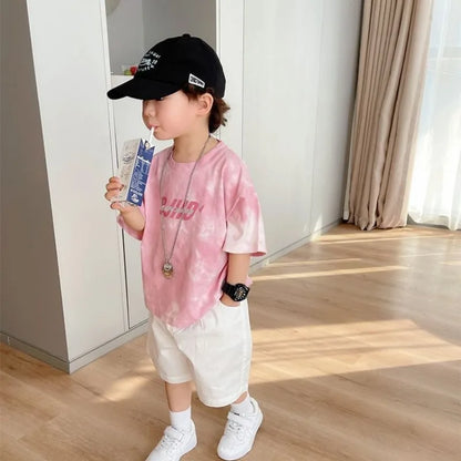 2025 New 100% Cotton Kids Tie Dye Short Sleeve T-Shirt Summer Boys Girls Clothing