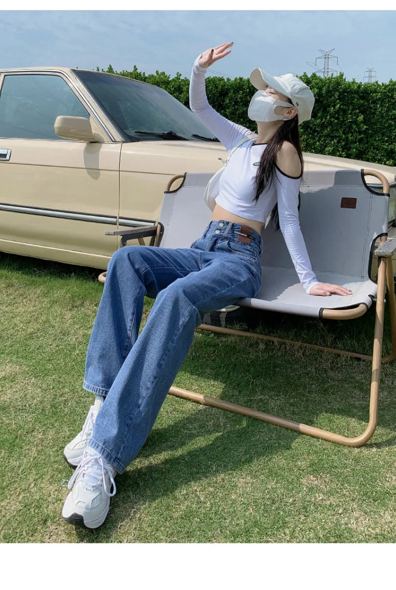 Y2K Woman Jeans High Waist Wide Leg Cotton Denim Clothing Blue White Streetwear Vintage Fashion Harajuku Straight Pants