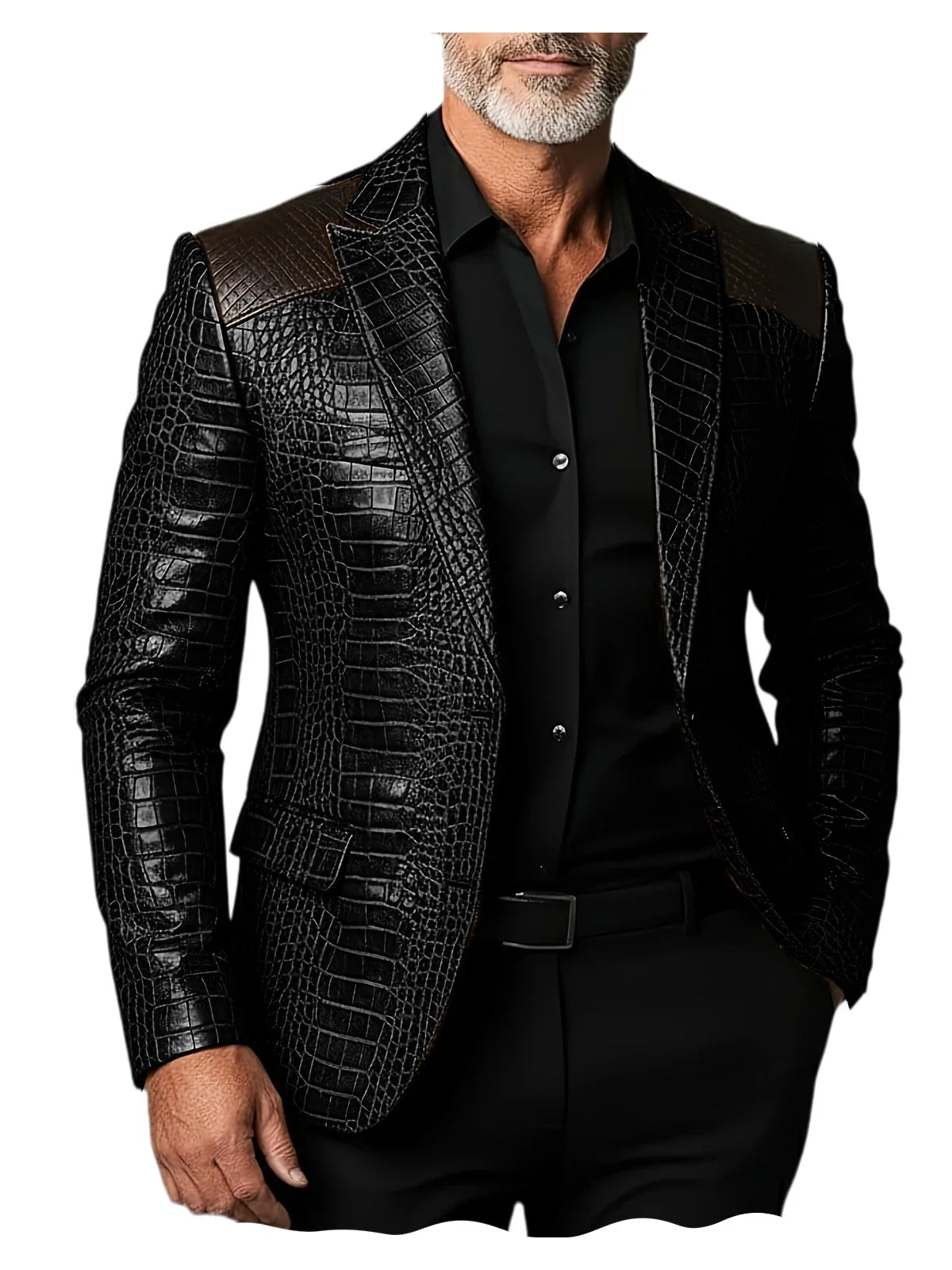 Men's Crocodile Pattern Leather Blazer Patchwork PU Leather Suit Jacket Notched Lapel Slim Fit Business Casual Coat Outerwear