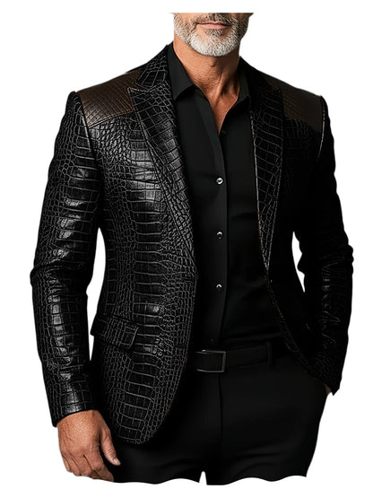 Men's Crocodile Pattern Leather Blazer Patchwork PU Leather Suit Jacket Notched Lapel Slim Fit Business Casual Coat Outerwear