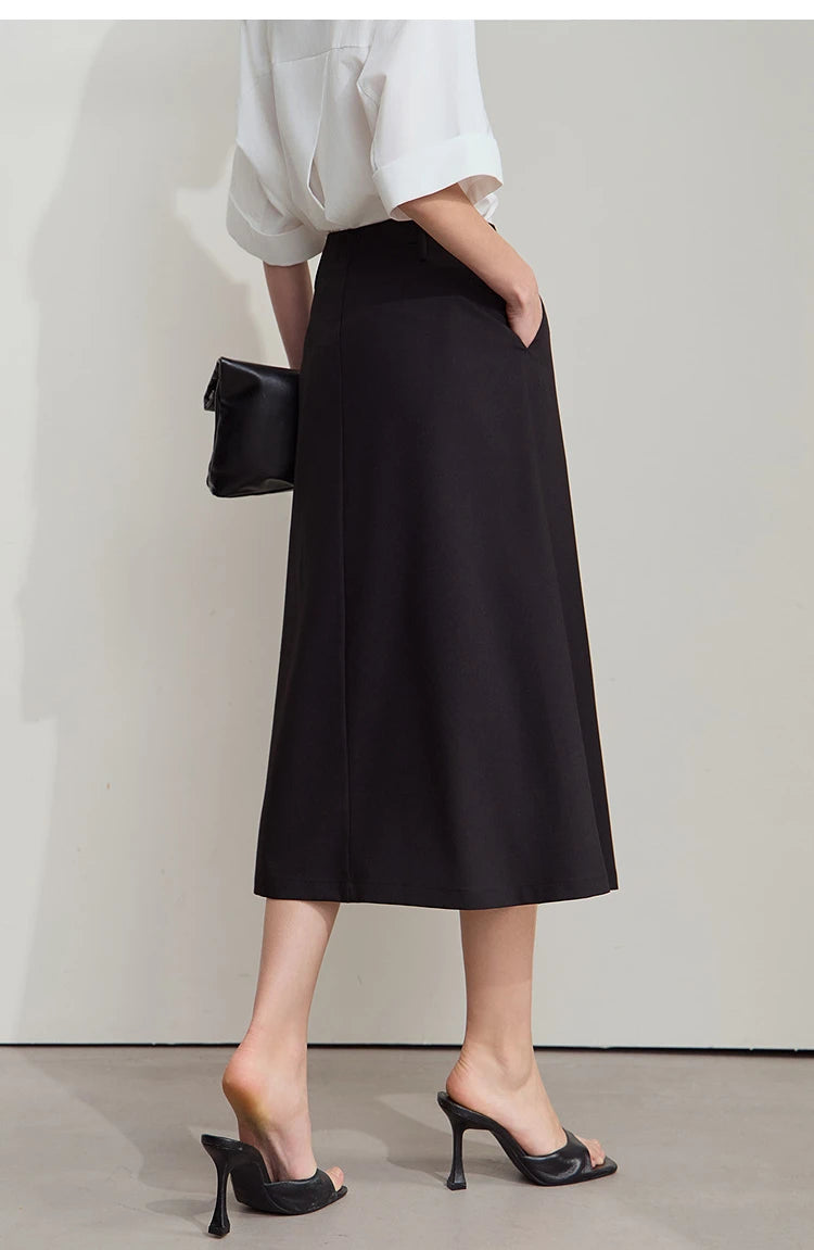 Minimalist Knee length Skirt Women Pleated A-line Loose Dress Elegant Commuting Style Belt Decoration Skirts 12522074