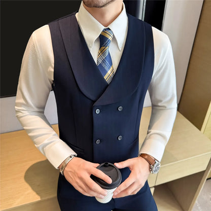 ( Vest+Pants) Autumn Winter Thicken Wool Striped Suit Vest 2 pieces Men Fashion Slim Fit Business Casual Wedding Dress Vest Sets