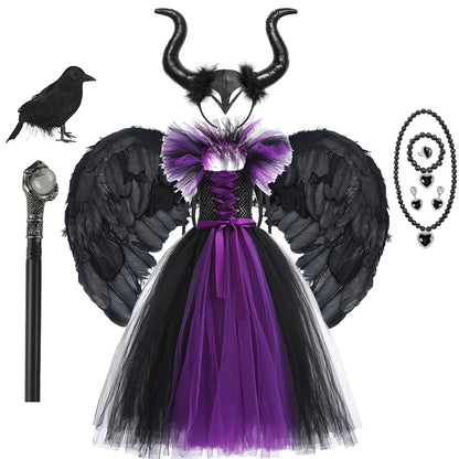Maleficent Neck Dress Girls Halloween Theme Cosplay Costume Handmade Woven Tulle Dress Evil Role Playing Outfits Luxury Gown