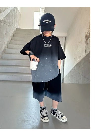 Summer Boys Cotton Leisure Star Print Gradient T-Shirt Top+Shorts Workout Set School Kids 2PCS Tracksuit Children Outfit 5-16 Yr