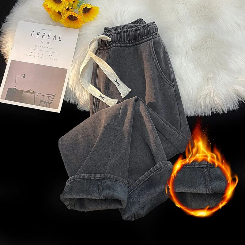 Thick Winter Straight Men's Jeans Fleece Warm Loose Plush Trousers Fashion Casual Wide-leg Plush Denim Pants Male