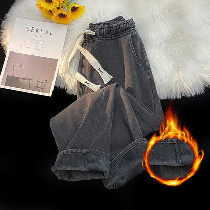 Thick Winter Straight Men's Jeans Fleece Warm Loose Plush Trousers Fashion Casual Wide-leg Plush Denim Pants Male