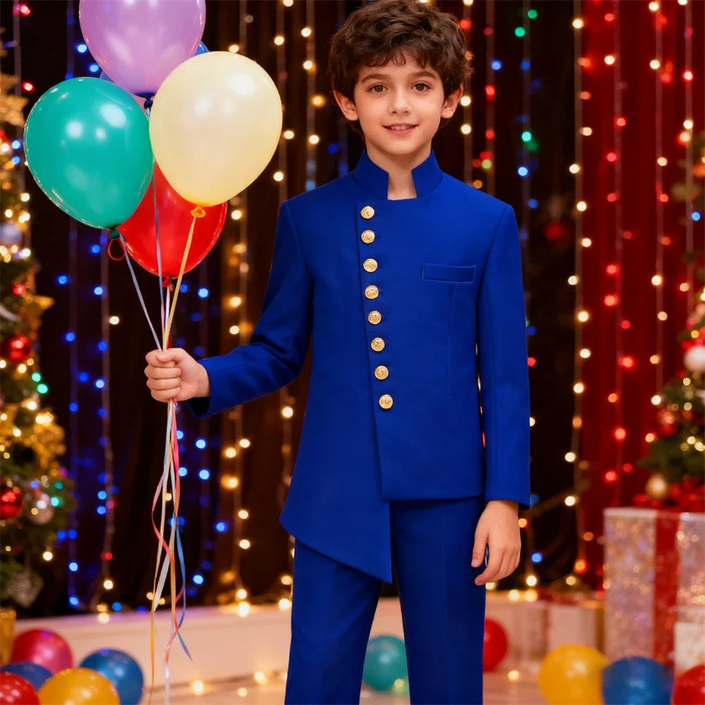 Stand Collar Kids Communion Suit Birthday Party Suits Jacket Pants Golden Buttons 3-14 Y Toddler Tuxedo