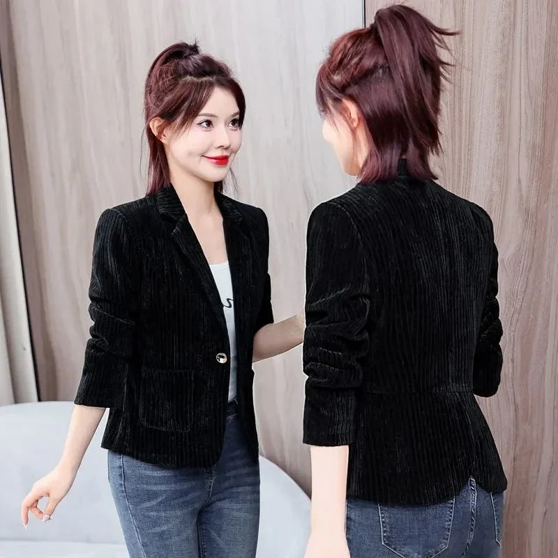 New Casual Suit Jackets Spring Autumn Slim Women‘s Blazer One Button Notched Collar Solid Coat Female Short Jacket Bkack Outwear