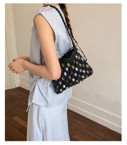 Hollow Beading Women Shoulder Bag Rope Knitting Handbags Bohemian Crochet Mesh Bags for Women Small Woven Beach Bag Flap Tote