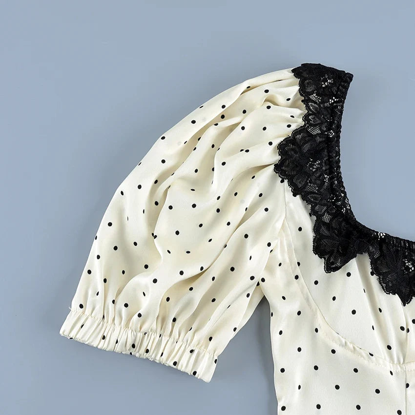 Vintage Polka Dot Square Collar Shirts Elegant Lace Puff Sleeve Woman Blouse 2026 Fashion Sexy Pullover Ladies Tops Spring