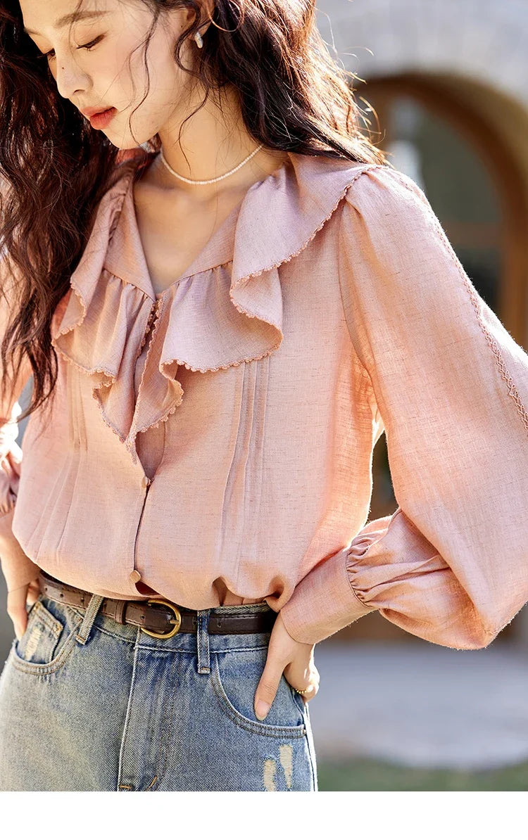 Lotus Leaf Collar Shirt Bubble Sleeves Pink Shirt for Women Spring 2025 Sweet Chiffon Top Temperament Shirts MXE12X1702