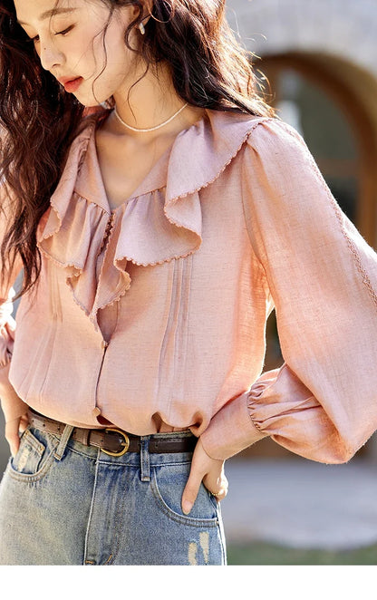 Lotus Leaf Collar Shirt Bubble Sleeves Pink Shirt for Women Spring 2025 Sweet Chiffon Top Temperament Shirts MXE12X1702