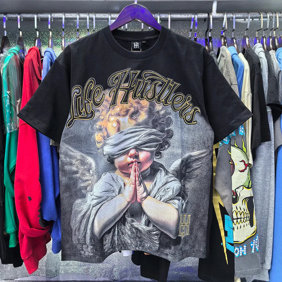Masked Tattoo Angel Gun Diamond Short Sleeve Tshirts for Men and Women Crew Neck Cotton Summer Top Tees Oversized