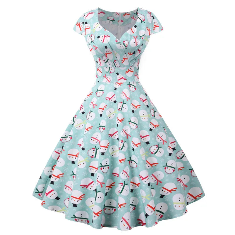 Fashion V-neck Short Sleeve Printed Christmas Dress Large Swing Vintage Elegant Xmas Party Dress