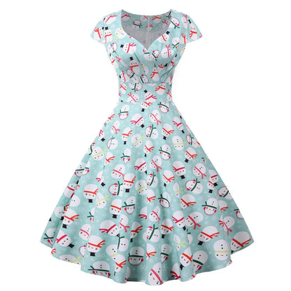 Fashion V-neck Short Sleeve Printed Christmas Dress Large Swing Vintage Elegant Xmas Party Dress