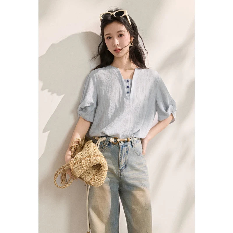 Women French Vertical Stripe Blouse Summer Seven Quarter Sleeve Loose Blouse Minimalist Solid Top Office Lady MXF16X2562