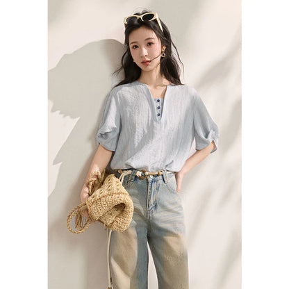 Women French Vertical Stripe Blouse Summer Seven Quarter Sleeve Loose Blouse Minimalist Solid Top Office Lady MXF16X2562