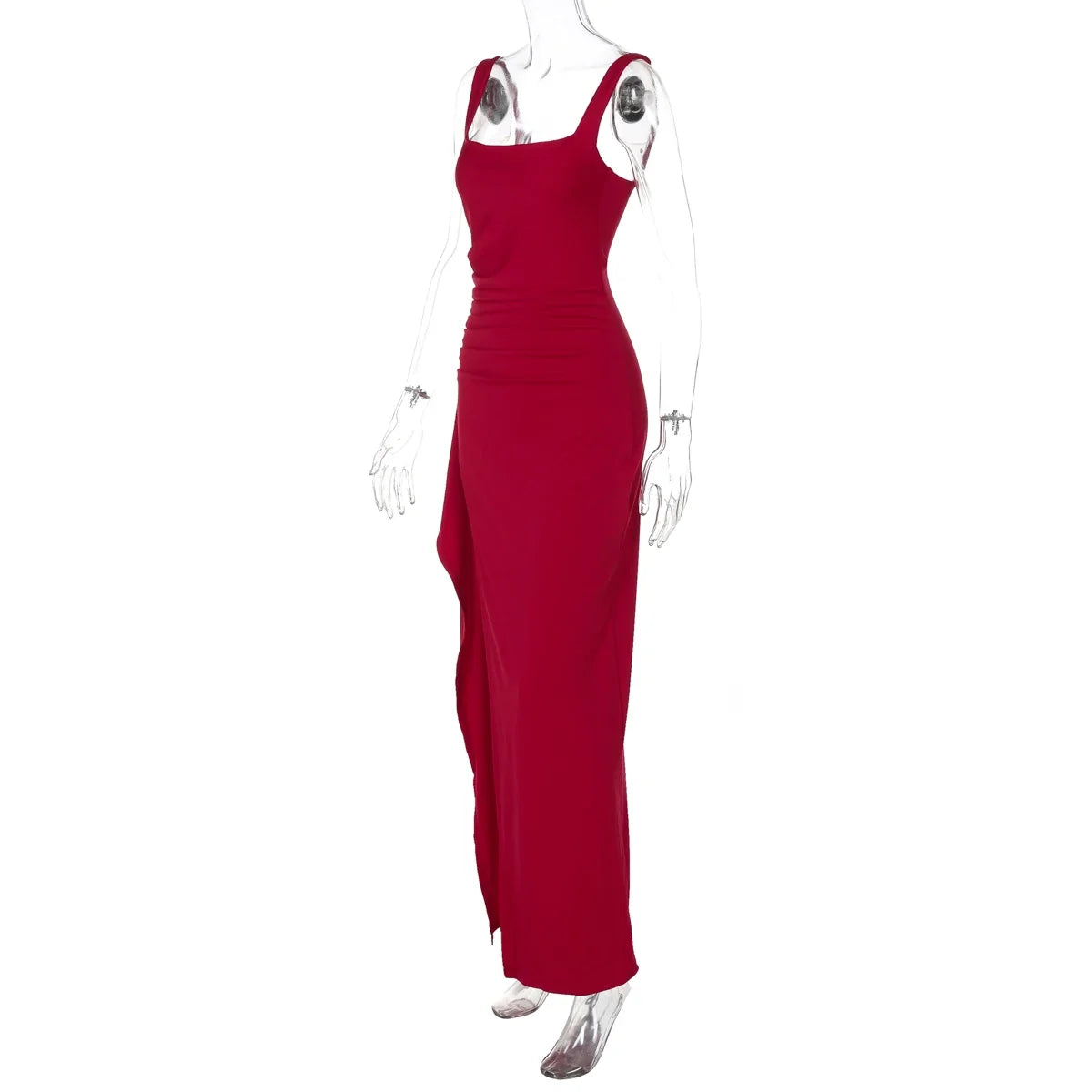 Women Elegant Solid Straps Slit Ruched Patchwork Sexy Bodycon Maxi Dress Summer Outfits Evening Party Birthday Festival
