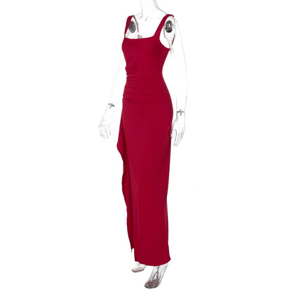 Women Elegant Solid Straps Slit Ruched Patchwork Sexy Bodycon Maxi Dress Summer Outfits Evening Party Birthday Festival