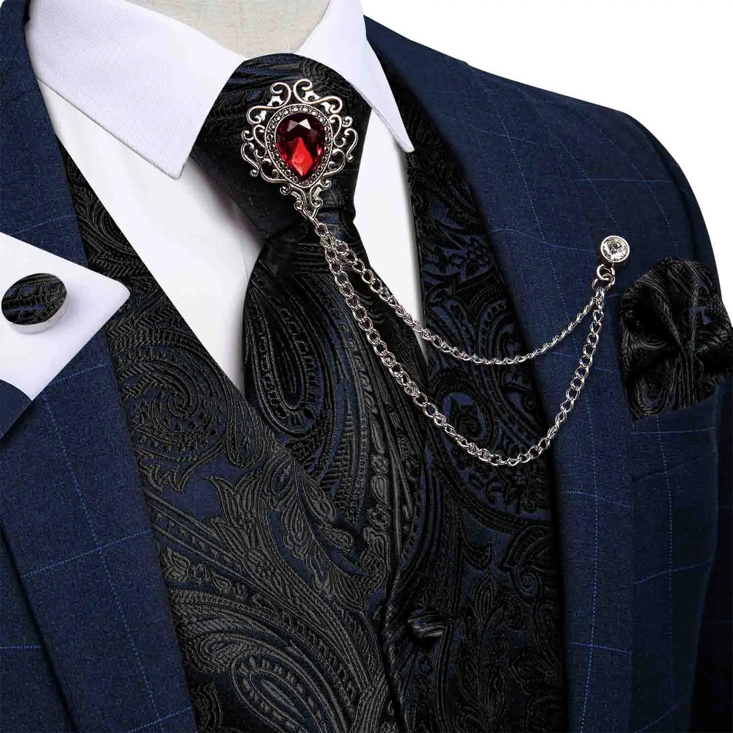 New Teal Green Paisley Formal Dress Vest Men's Suit Vest Waistcoat Tie Brooch Pocket Square Set for Tuxedo