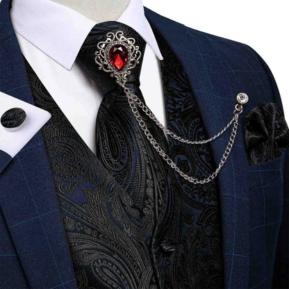 New Teal Green Paisley Formal Dress Vest Men's Suit Vest Waistcoat Tie Brooch Pocket Square Set for Tuxedo