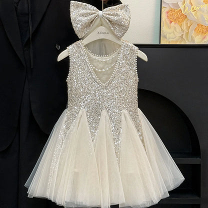 Mesh Sequins Summer Dress Children Clothes Girls Gauze Skirt For Party Evening Birthday Prom Performance Graduation Ceremony