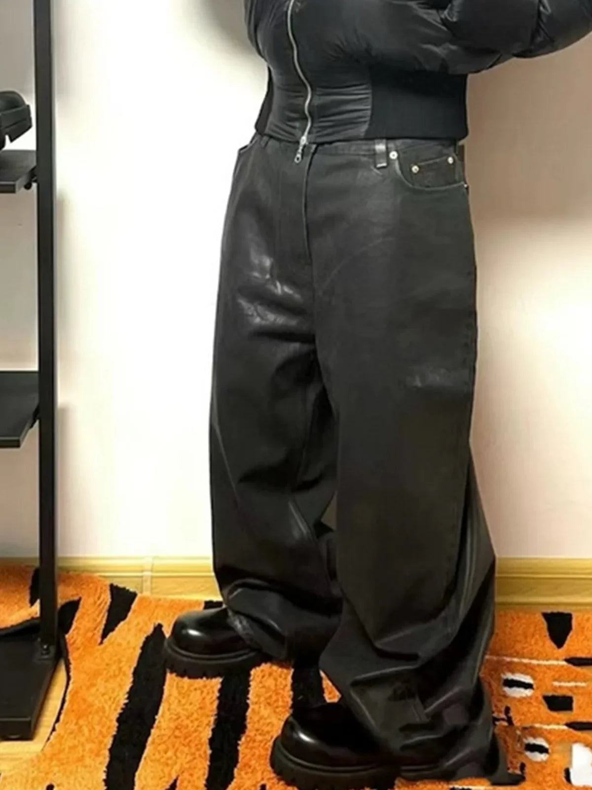 Men's Jeans Cotton Denim Casual Straight Leg Brush Wax Coating Black Pants ZJ086