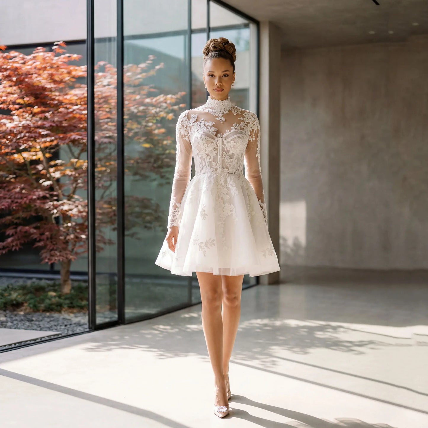 Lace Mini Wedding Dress Long Sleeve Button Back A-Line Applique Tulle Short Bridal Gown for Elopement Reception 2026 Customized