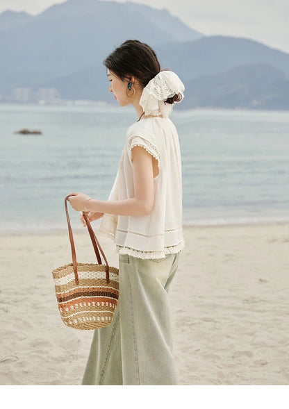 Embroidered French Shirt Women Summer 2025 Short Sleeve Round Neck Solid Blouses Female Fashion New Tops Lady MXE33X1744