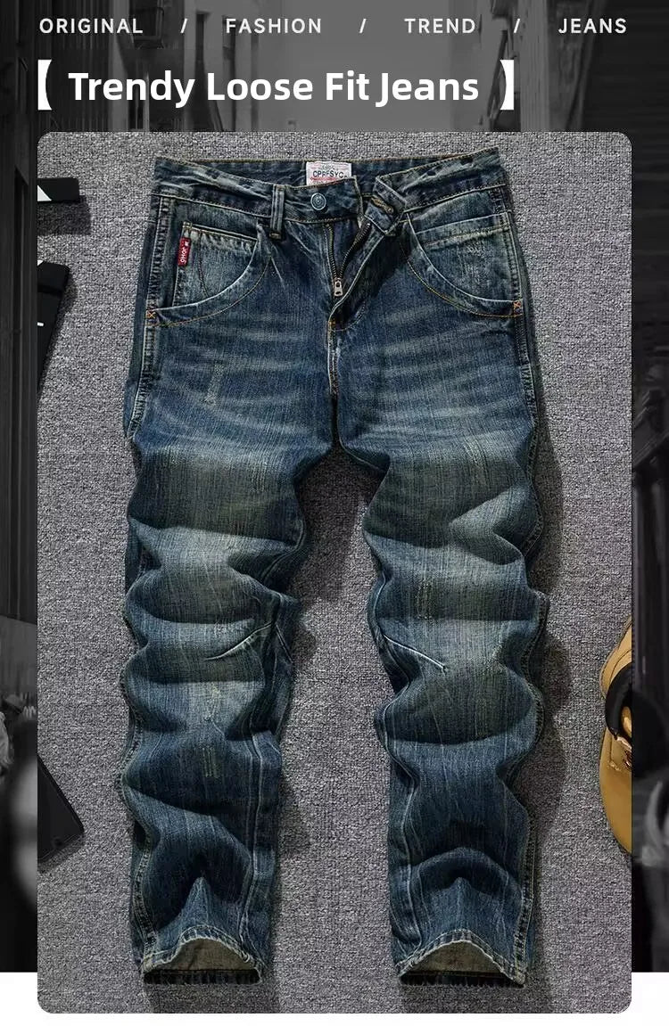 Spring Autumn Trendy Vintage Washed Jeans Men's Loose Straight Leg Fashionable Youth Casual Cotton Denim Anti-Bacterial