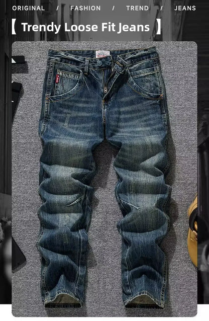 Spring Autumn Trendy Vintage Washed Jeans Men's Loose Straight Leg Fashionable Youth Casual Cotton Denim Anti-Bacterial